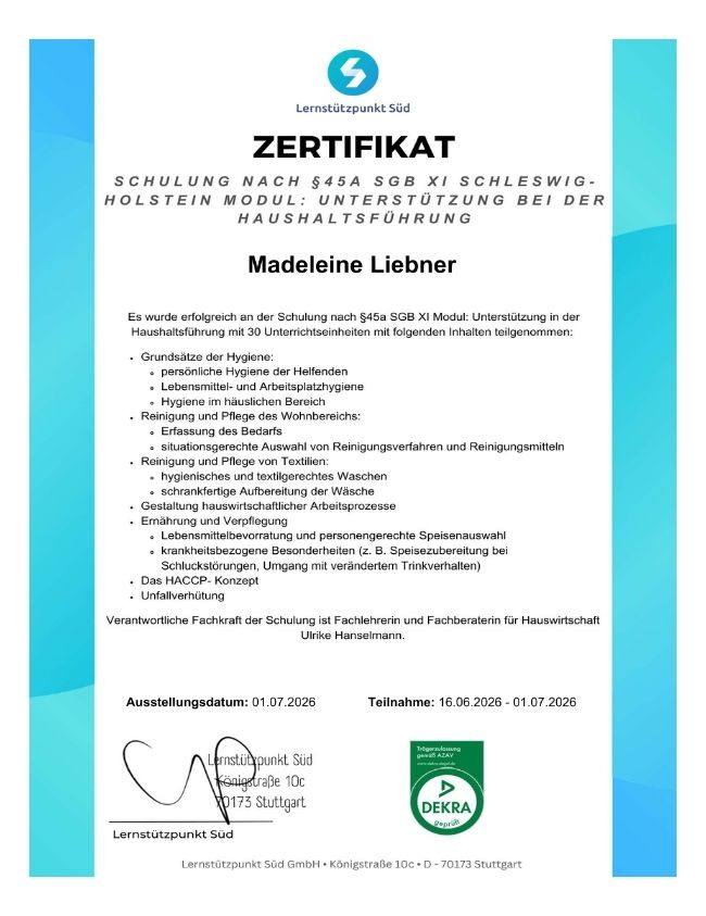 Zertifikat von Madeleine Liebner als Haushaltshilfe vom 1. Juli 2026